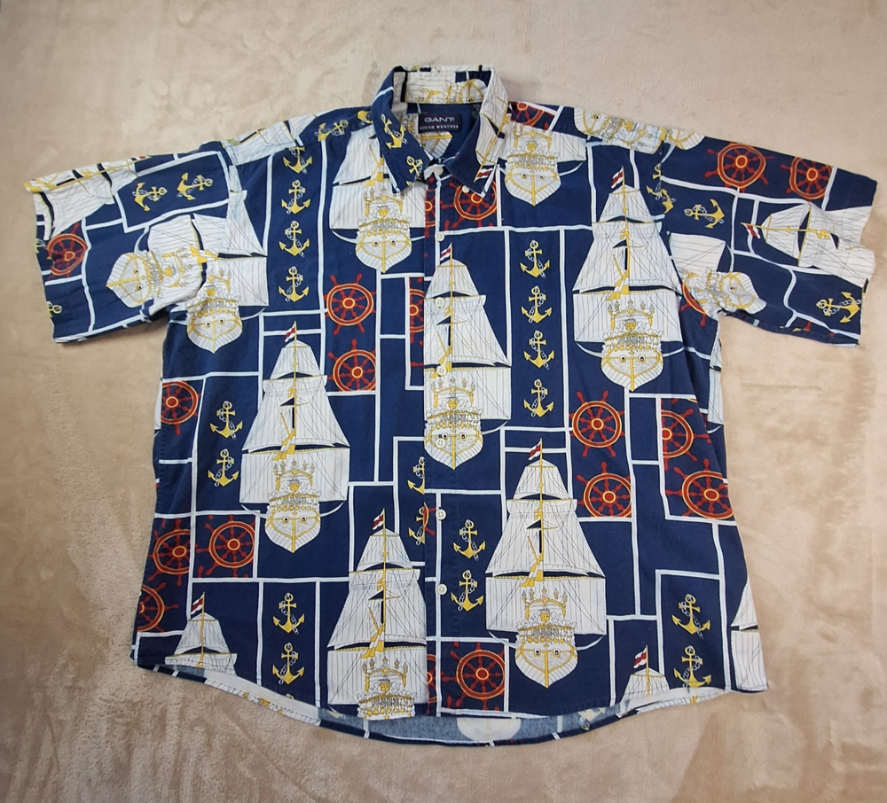 Vintage 90s Gant Shirt Mens XL All Over Print Button Rough Weather Skipper Boat